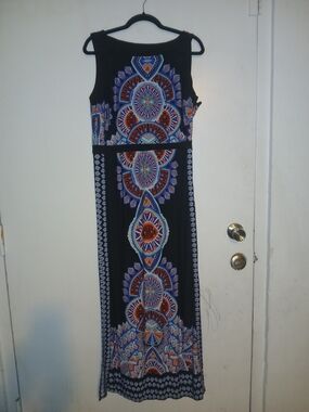 Signature by Sangria Black Maxi Dress with Blue & Orange Medallion Print